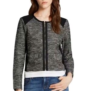 Eileen Fisher Black and White Cotton Blend Tweed Look  Zipper Front Jacket